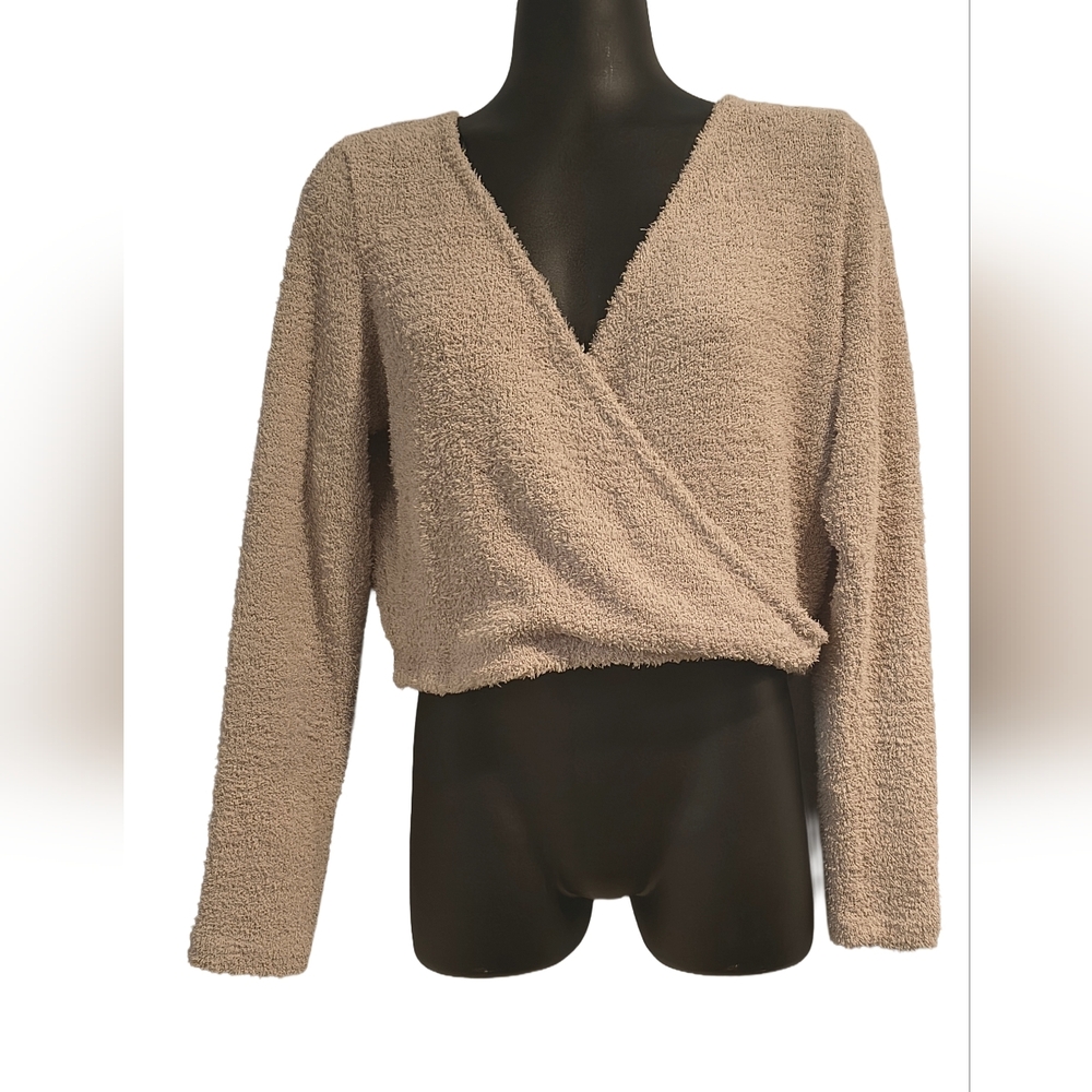 Neutral Taupe Sherpa Pullover - Faux Wrap Long Sleeve Cropped - z